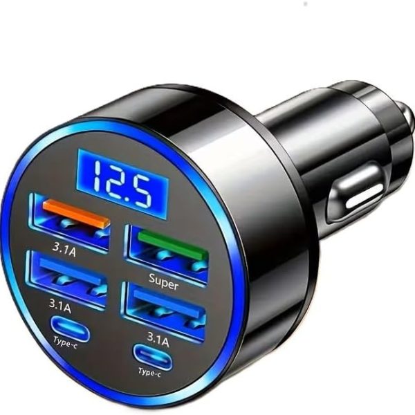 120W 6-Port Fast Charging USB-C Car Charger with LED Voltage Display, Multi-Port Cigarette Lighter Adapter