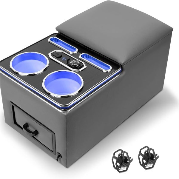 Center console storage box (for bench seats) featuring integrated fast wireless phone charging and cup holders; upgraded 7-color adjustable LED lighting; suitable for sedans, MPVs, vans, and trucks (Gray)