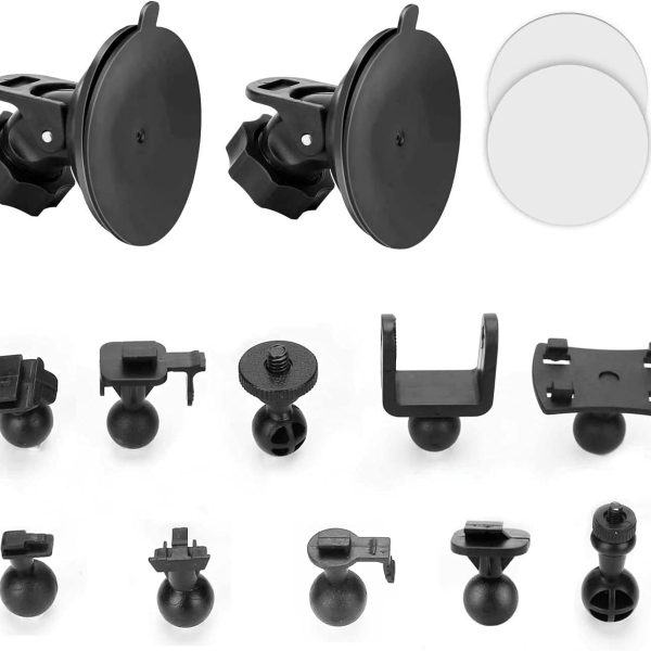 Dash Cam Suction Mount with 16 Adjustment Points; Includes 3 x Double-Sided Adhesive Pads & 3 x Wet/Dry Cleaning Wipe Sets