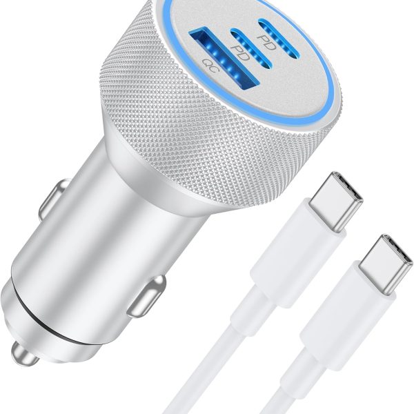 Car Charger, 67W 3-Port Fast Charging USB-C Car Charger/Cigarette Lighter Adapter, Includes 3ft USB-C to C Cable