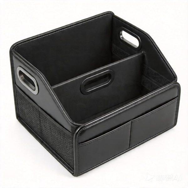 Car Organizer Basket/Storage Box, Leather Material, Reinforced Dividers (Removable), Suitable for Front Floor or Rear Seat; Features Sturdy Matte-Finish Handles, 8 Compartments, Adjustable Straps, and Non-Slip Base