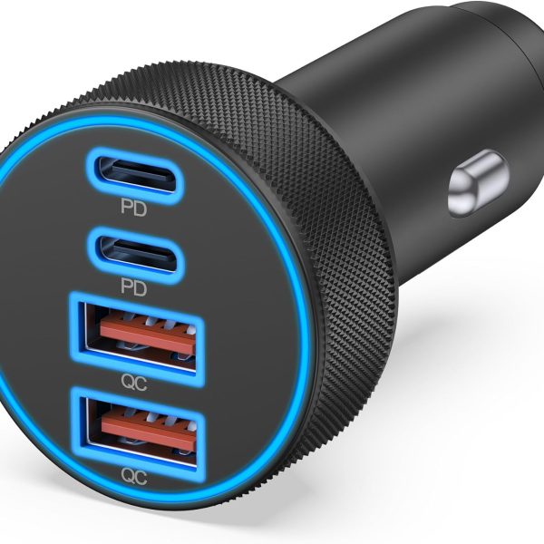 [4-in-1] USB-C Car Charger, 4-Port 90W Ultra-Fast Charging Cigarette Lighter Adapter, Dual 45W USB-C & USB-A Multi-Port Car Phone Charger