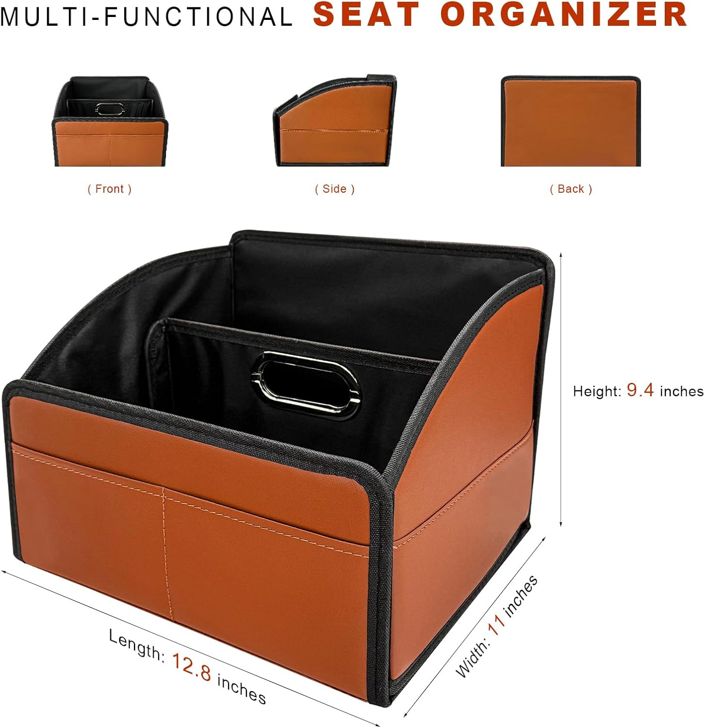 Leather Car Seat Organizer, Large Capacity Foldable Design, Metal Handles, Removable Dividers, Suitable for Rear Seat and Passenger Seat (Brown) - Image 2