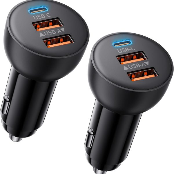 USB-C Car Charger, 2-Pack 70W 3-Port PD/QC Fast Charging Cigarette Lighter USB Adapter