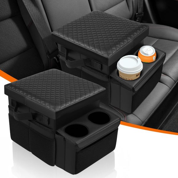 Car Seat Organizer (with Foldable universal center console for bench seats (with 2 cup holders) and 21-quart large-capacity storage (Black)