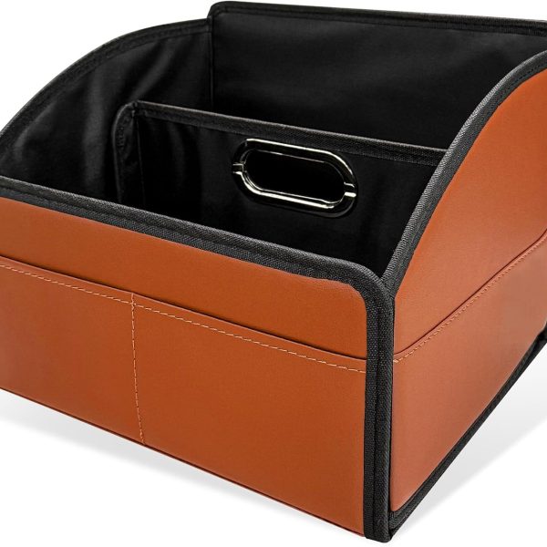 Leather Car Seat Organizer, Large Capacity Foldable Design, Metal Handles, Removable Dividers, Suitable for Rear Seat and Passenger Seat (Brown)
