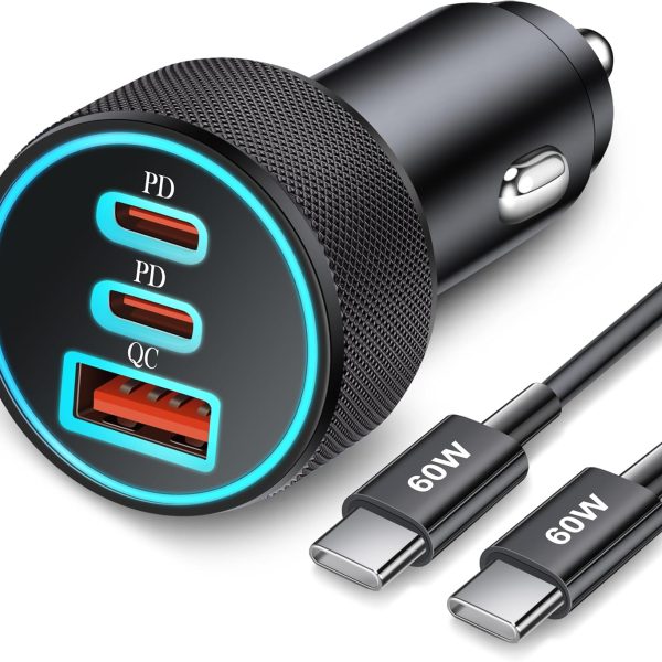 67W 3-Port Ultra-Fast Charging Type-C Car Charger, Includes 3ft USB-C Cable